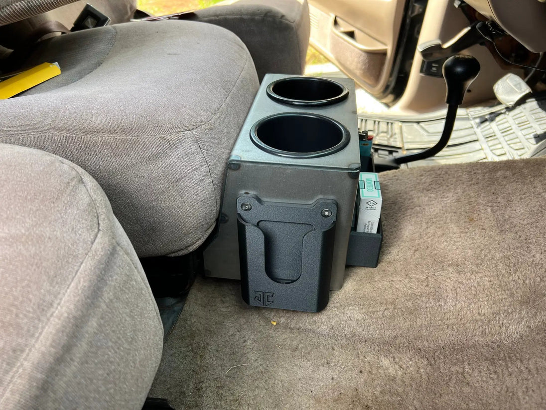 JC Customs OBS Ford F-Series Console Cup Holder, gray metal housing with dual black cups