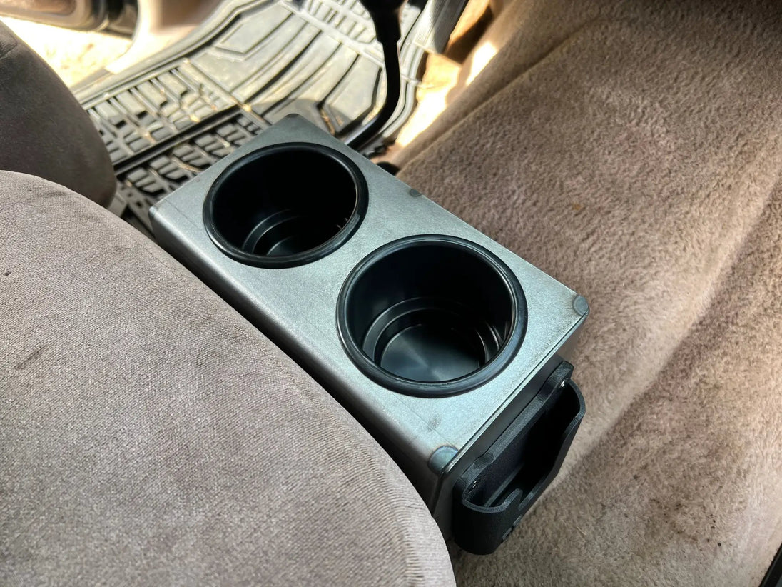 JC Customs OBS Ford F-Series Console Cup Holder, gray metal insert with two black cup holders