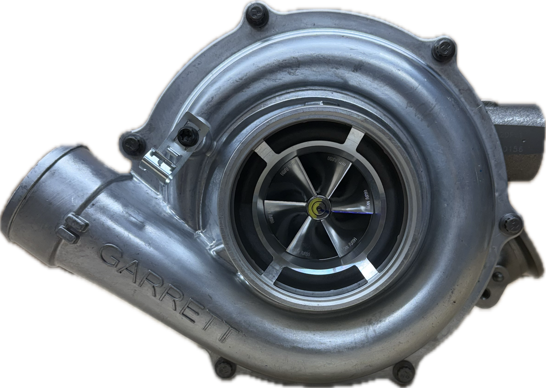 Ford 6.0L VGT Turbocharger Gen2 Billet Stock Replacement Titan Turbo Service, center-view of metallic housing and wheel