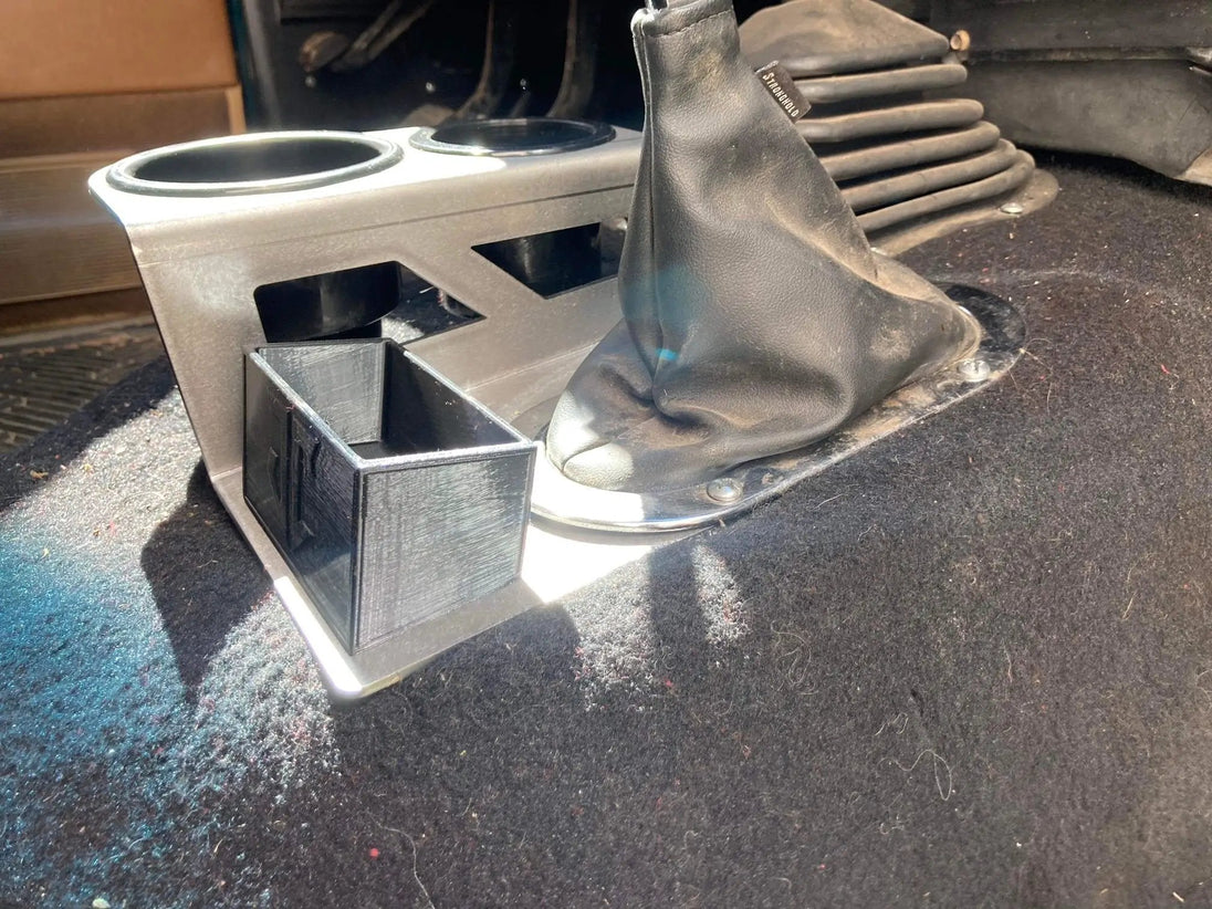 JC Customs 1st Gen Dodge Ram shifter-mounted cup holder, black plastic center-console module