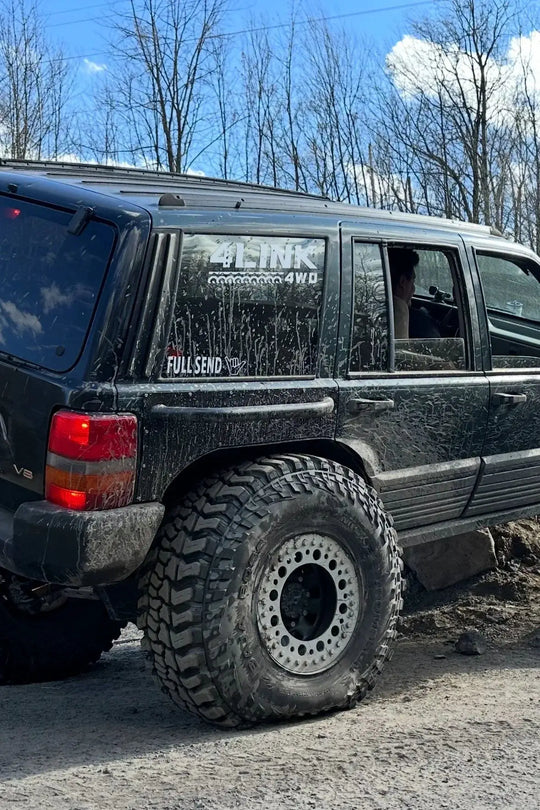 4Link4WD Full Logo Sticker vinyl decal on SUV side window; white 4LINK 4WD graphic