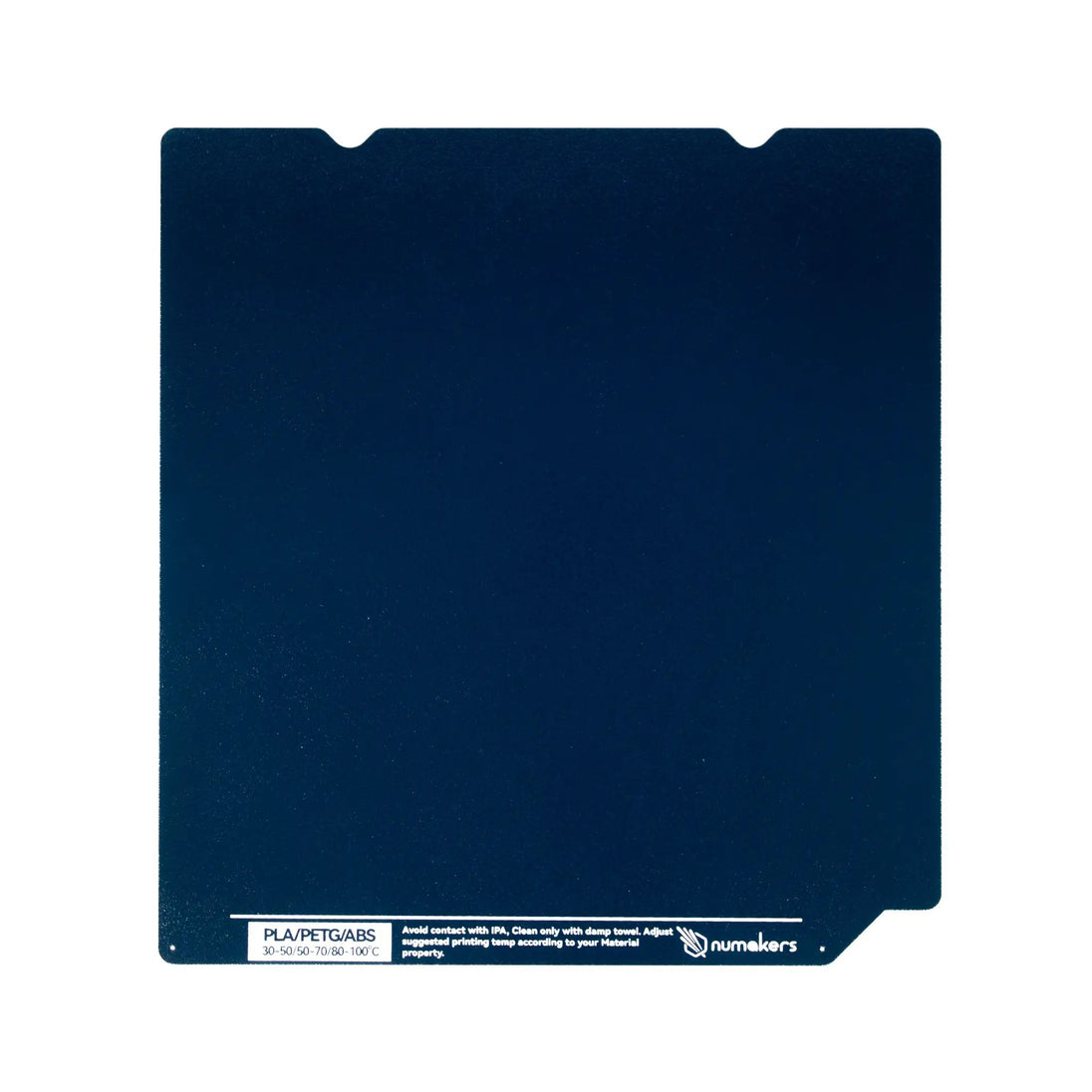 Numakers IceGrip Build Plate blue print bed with notch cutouts and Numakers logo.
