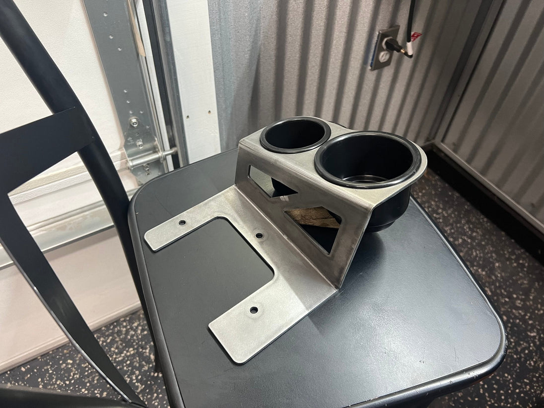 OBS Ford F-Series Shifter-Mounted Cup Holder JC Customs; brushed aluminum bracket with dual black cup openings