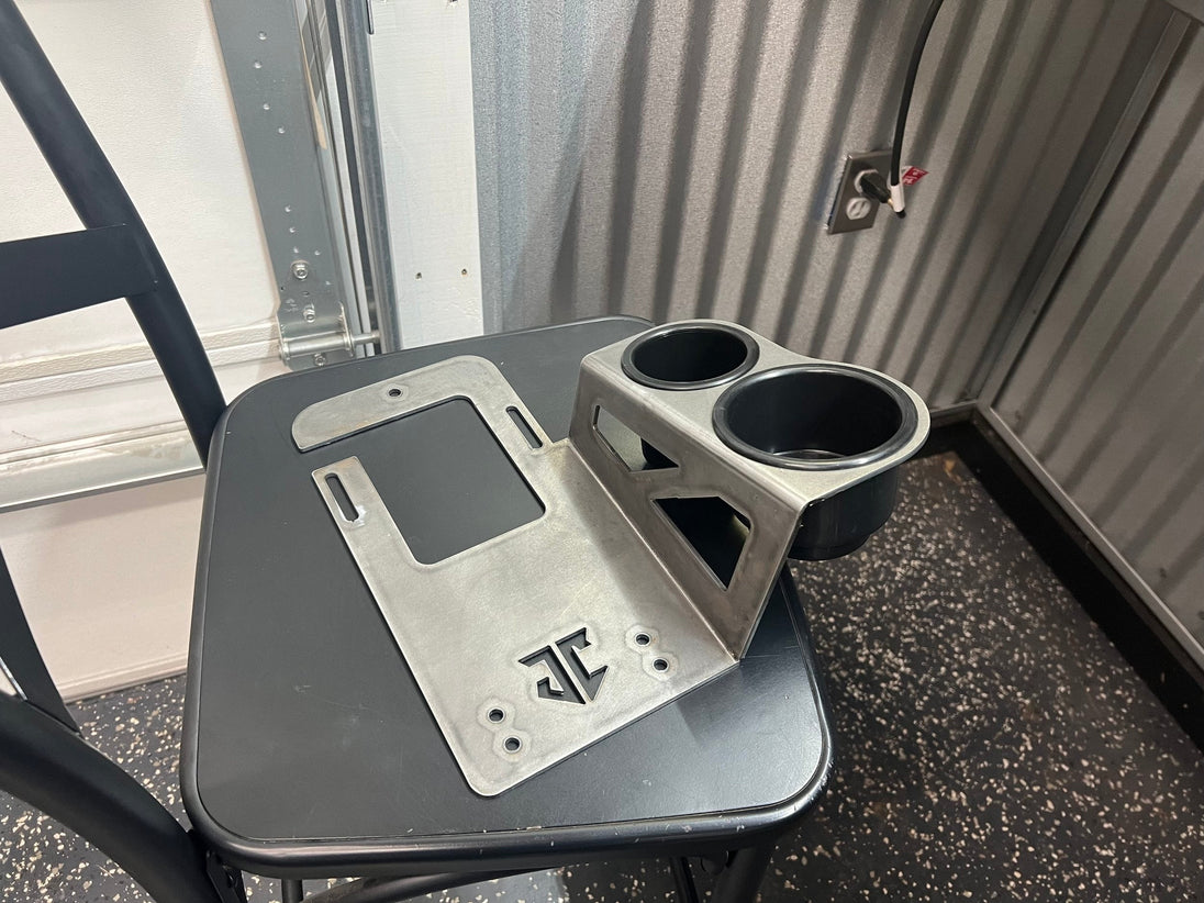 OBS Ford F-Series Shifter Mounted Cup Holder JC Customs, dual black cup slots on silver mounting plate