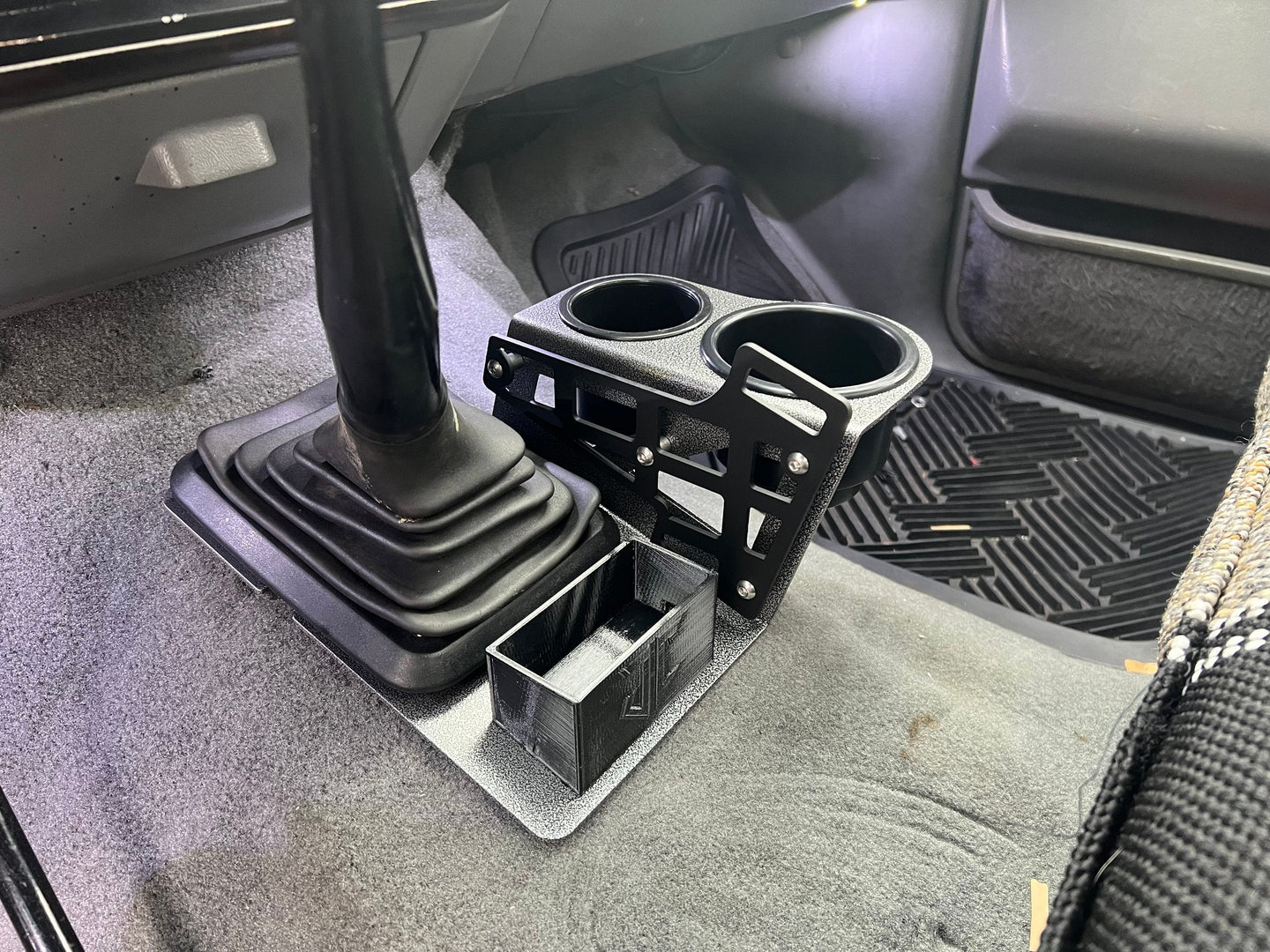 OBS Ford F-Series shifter-mounted cup holder JC Customs, dual cup console insert, black finish.