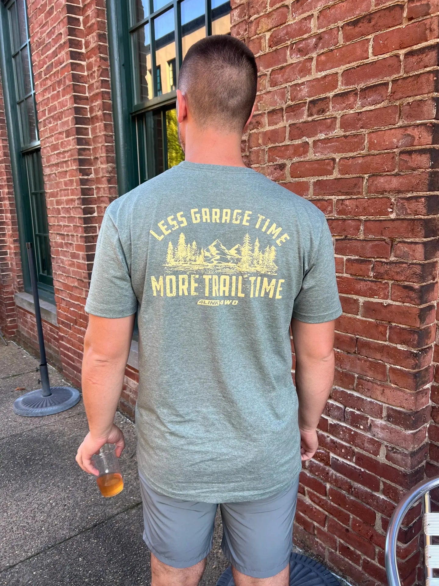 Soft Tee Less Garage Time More Trail Time shirt, gray heather with yellow back graphic (mountains/trees), 4Link4WD