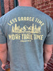 4Link4WD Soft Tee Heather gray with yellow mountain/trees graphic and Less Garage Time More Trail Time text