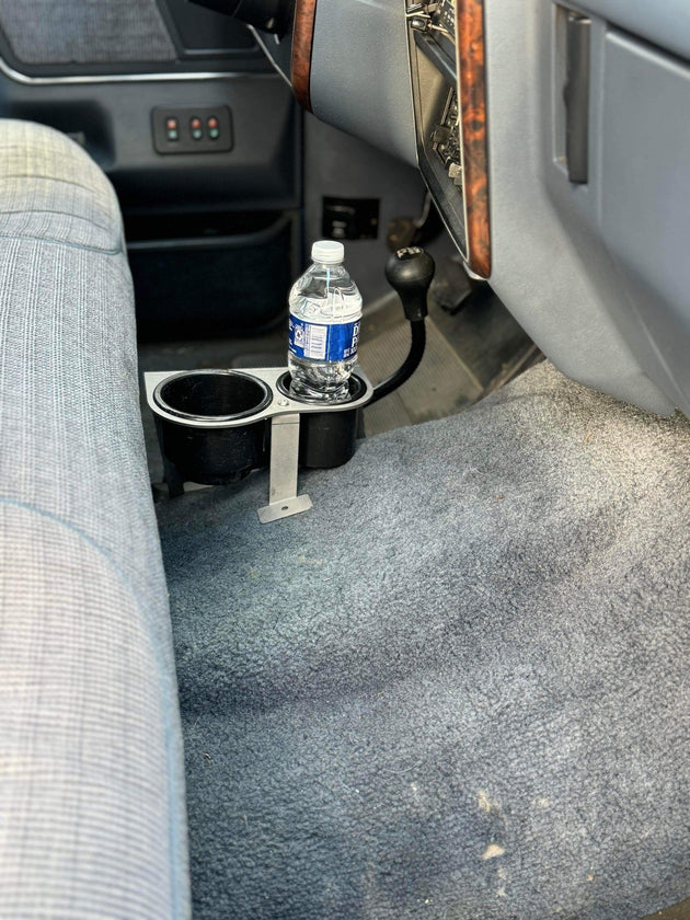 JC Customs Ford F-Series Auto Shifter Mounted Cup Holder; black plastic with metal bracket and water bottle