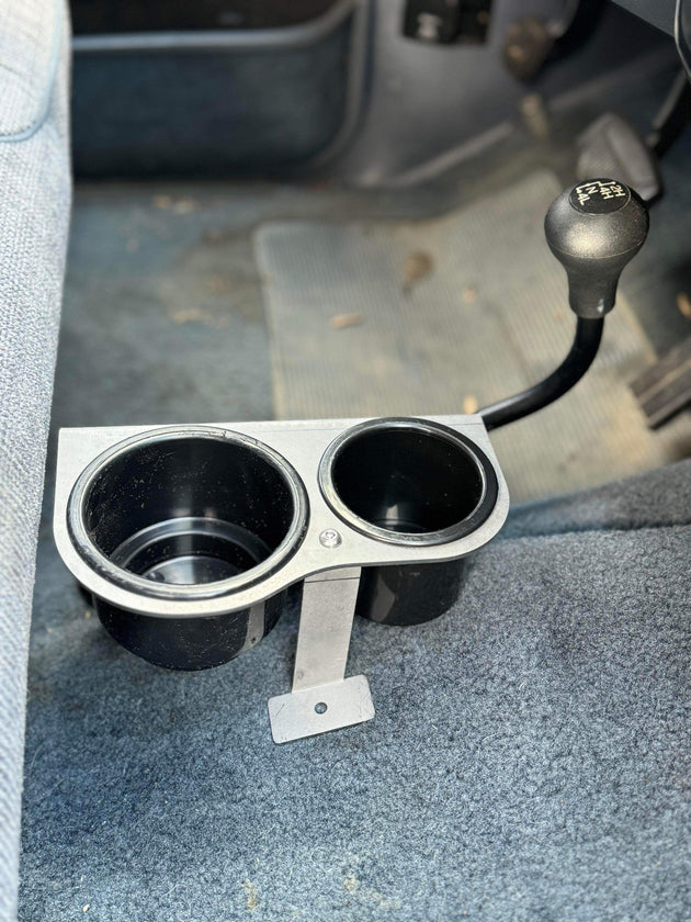 JC Customs Ford F-Series auto shifter mounted cup holder with dual black plastic cups and metal bracket