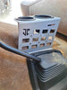 JC Customs Ford F-Series Auto Shifter Mounted Cup Holder, metal panel with JC logo, dual cup holders