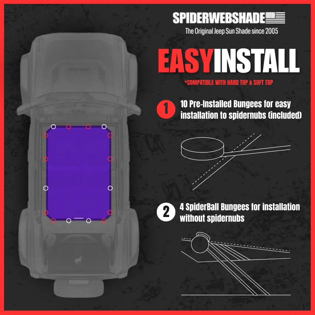Ford Bronco Sun Shade Solid Color Shade Top by SPIDERWEBSHADE, purple, installed in SUV cargo area.