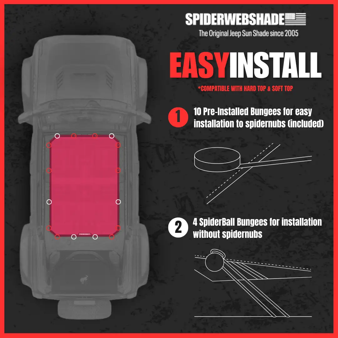 SPIDERWEBSHADE Sun Shade for Ford Bronco (2021–2026); solid color top with 10 pre-installed bungees and 4 SpiderBall bungees.
