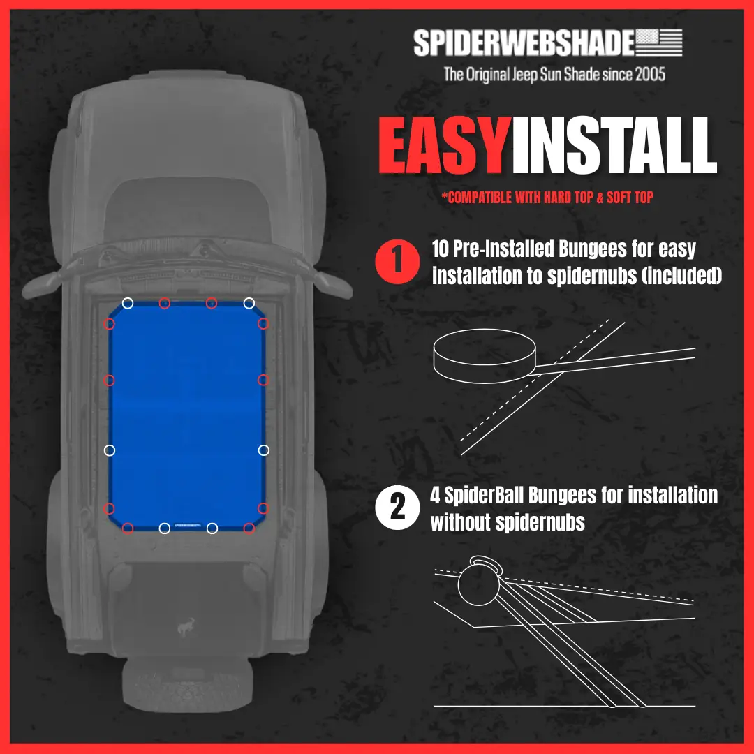 Sun Shade for Ford Bronco (2021–2026) by SpiderWebShade; blue solid shade top, easy install