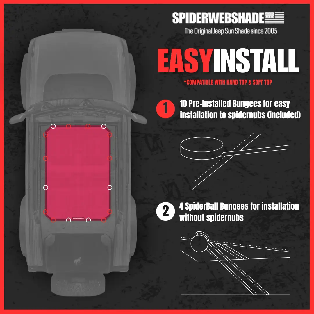 Sun shade for Ford Bronco by SpiderWebShade, pink solid color top installed on vehicle with 10 pre-installed bungees
