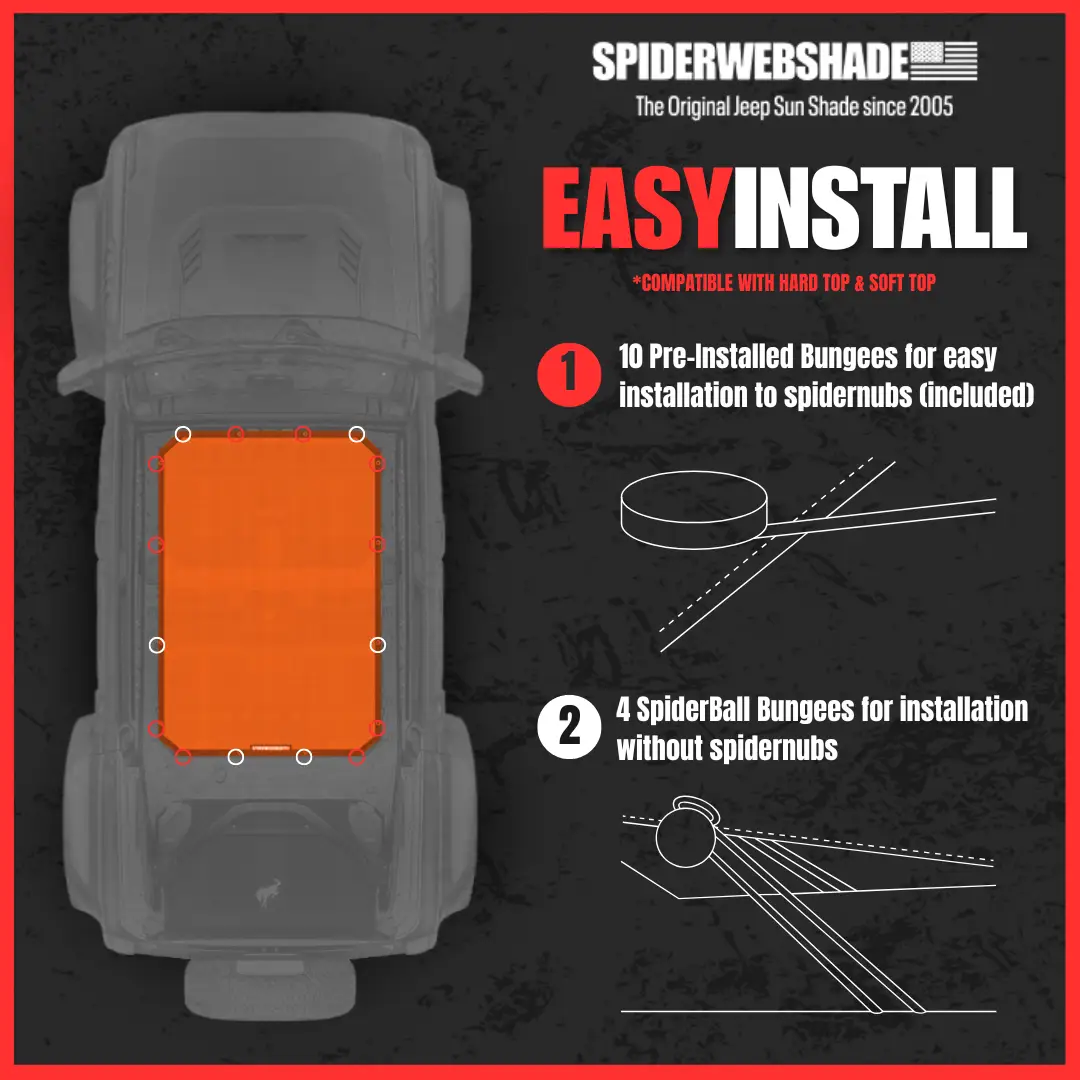 Sun Shade for Ford Bronco (2021–2026) by SpiderWebShade, solid orange shade top installed.
