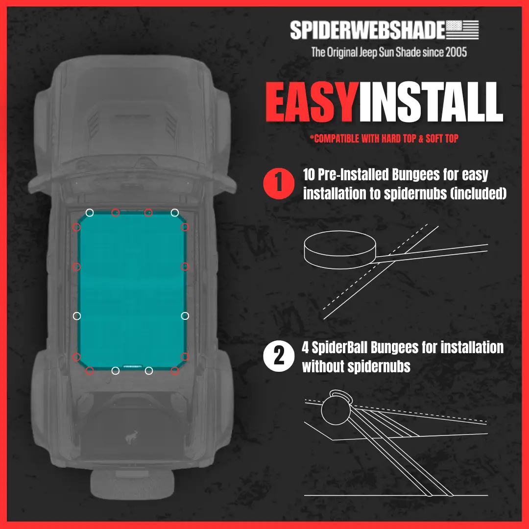 Sun shade top for Ford Bronco by SpiderWebShade; teal solid color shade installed on roof.