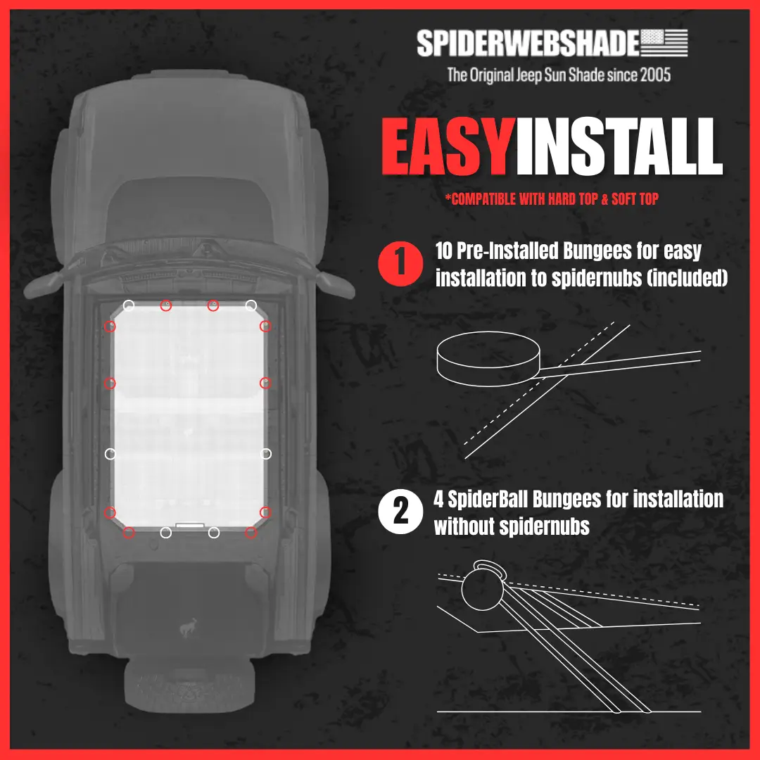 Ford Bronco Sun Shade by SpiderWebShade (2021–2026) installed on a top-view Bronco; solid color shade top.