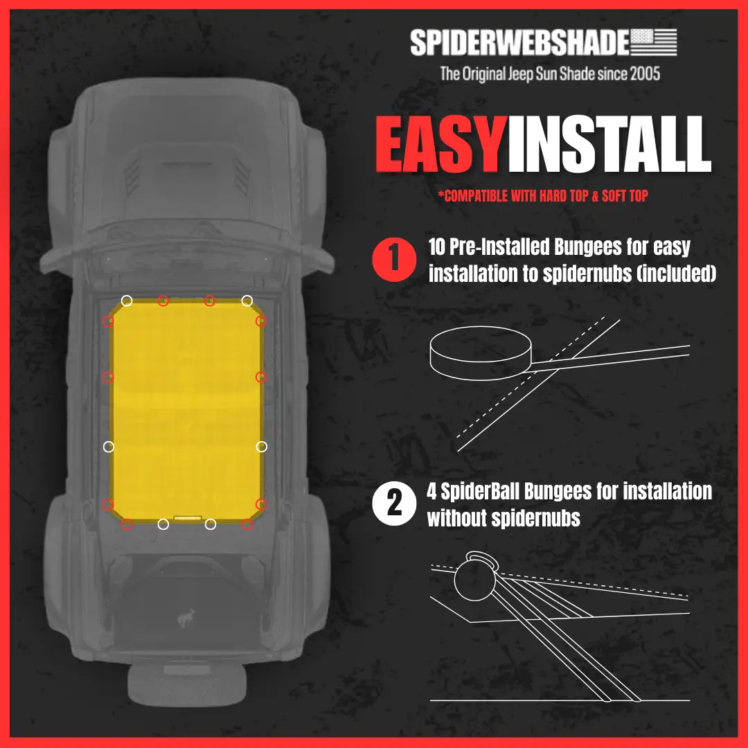 Ford Bronco Sun Shade by SpiderWebShade, solid yellow shade top for 2021–2026.