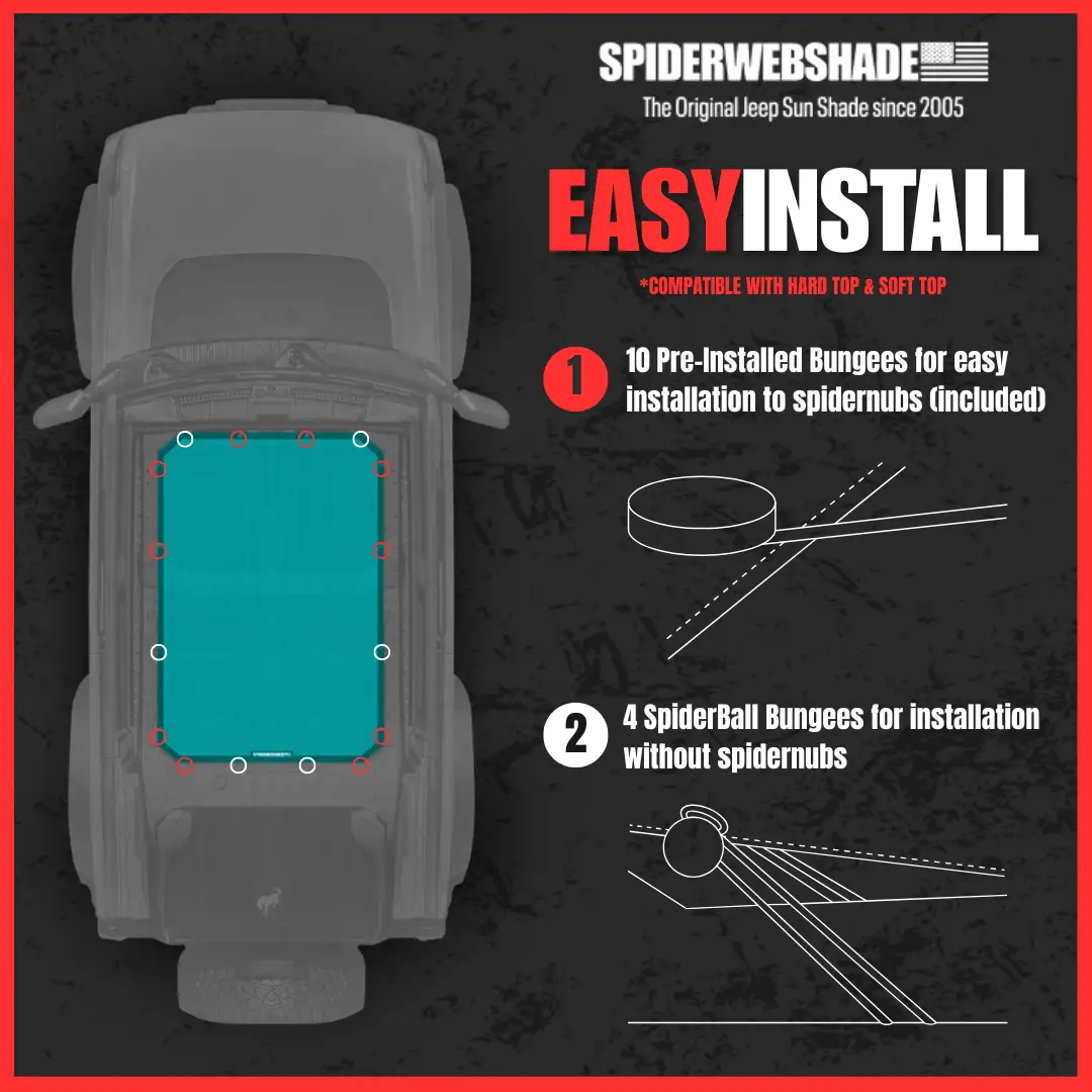 Sun shade Ford Bronco 2021–2026, solid teal shade top by SpiderWebShade with 10 pre-installed bungees