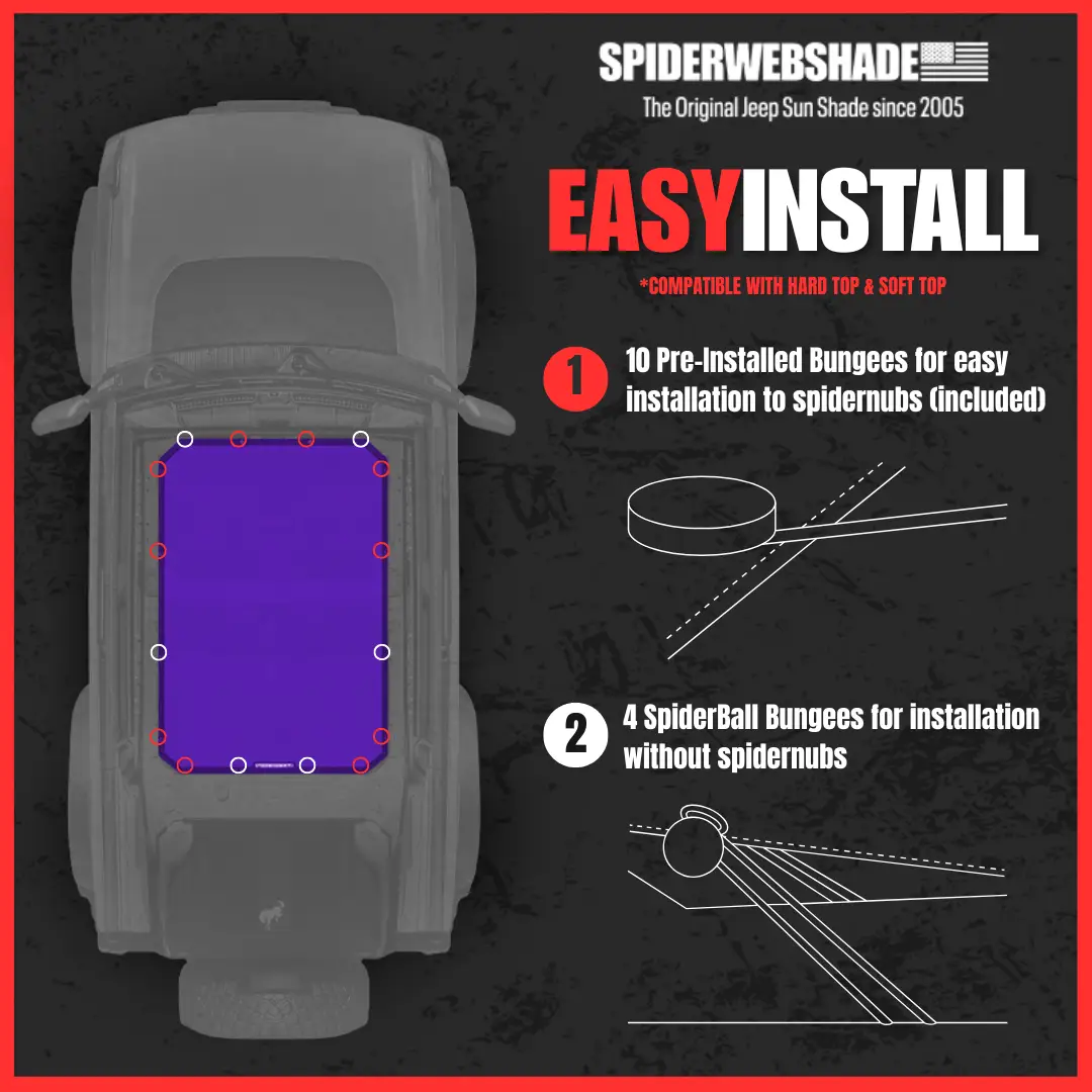 Ford Bronco Sun Shade by SPIDERWEBSHADE, solid purple shade top installed on SUV with 10 pre-installed bungees