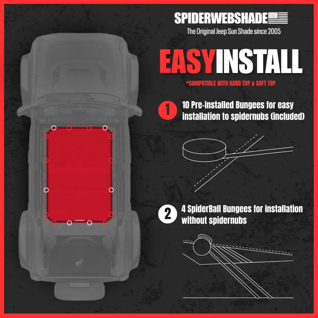 Ford Bronco Sun Shade by SpiderWebShade, solid color shade top with pre-installed bungees (2021–2026)