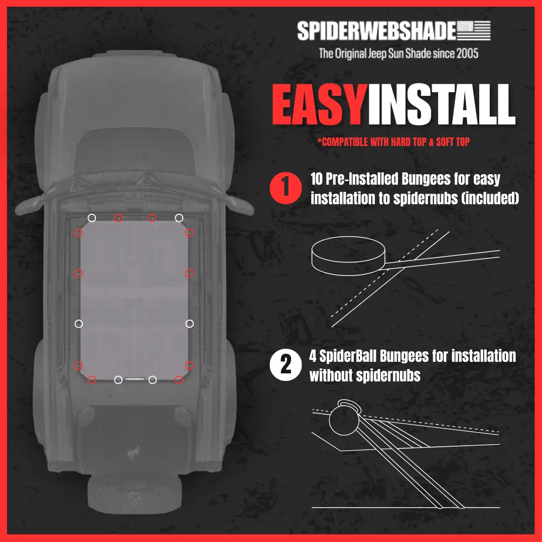 Sun shade for Ford Bronco by SpiderWebShade installed on roof with 10 pre-installed bungees and 4 SpiderBall bungees.