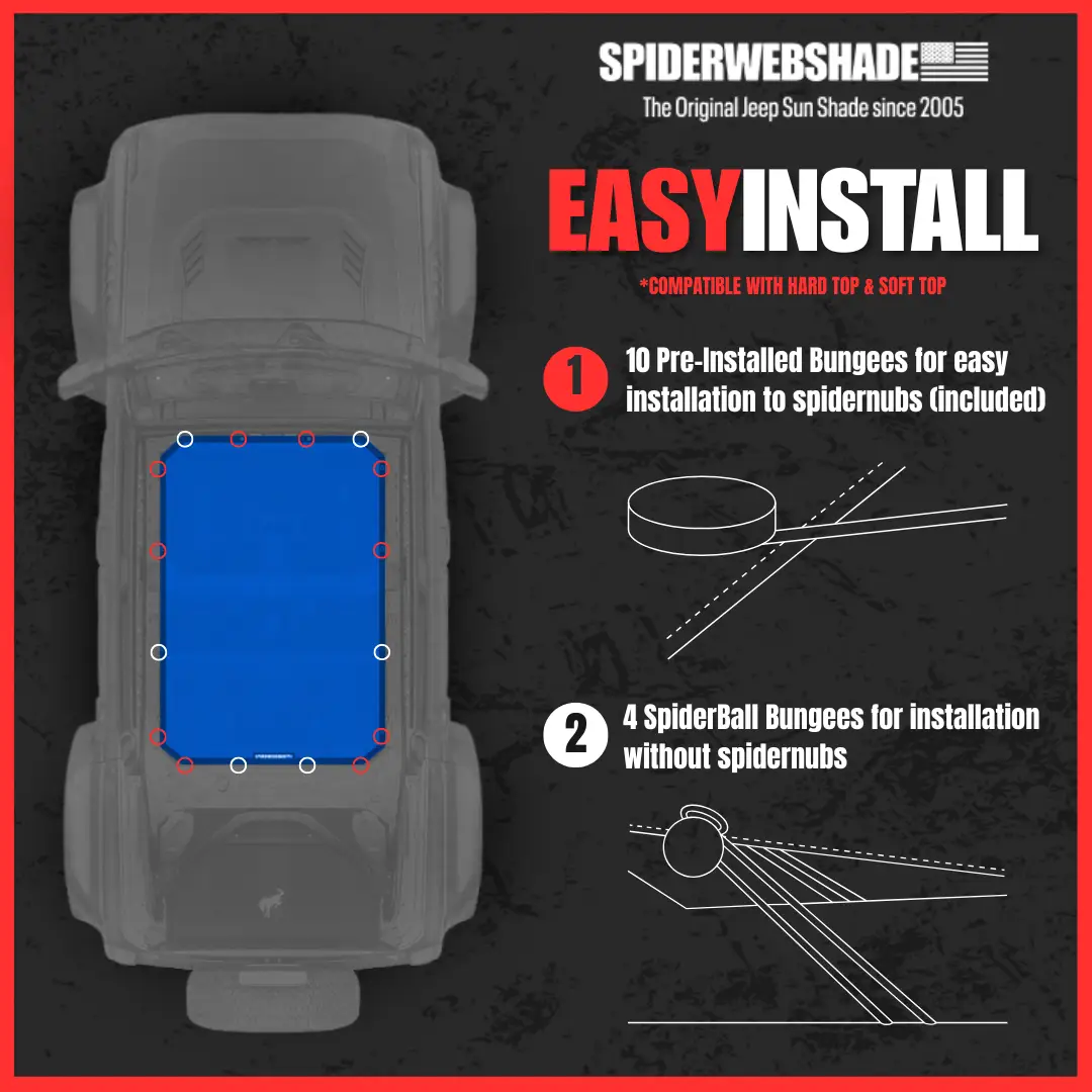 SPIDERWEBSHADE Sun Shade for Ford Bronco (2021–2026), blue solid shade top with 10 bungees for easy install.
