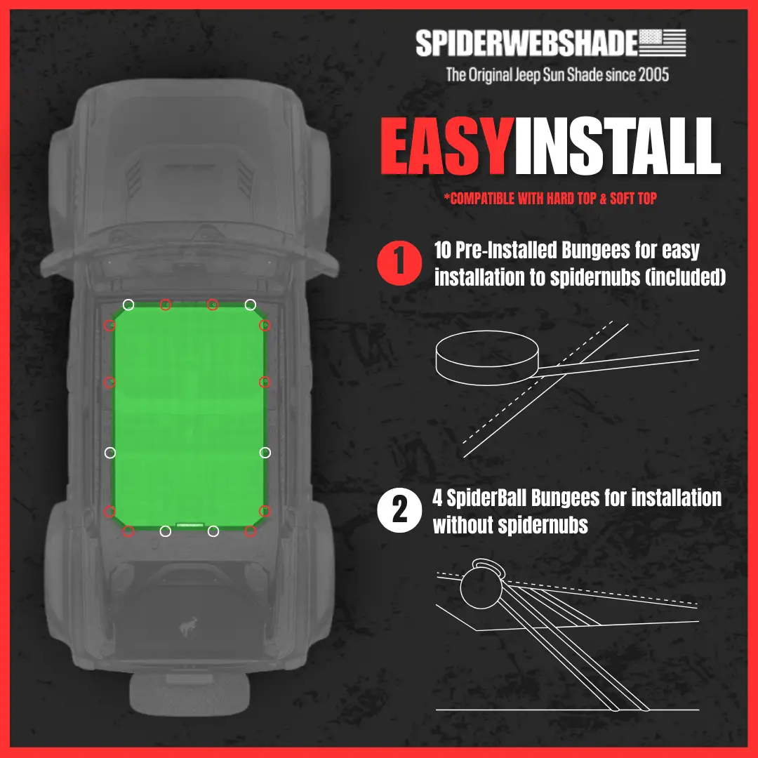 SpiderWebShade Sun Shade for Ford Bronco (2021–2026); solid green shade top installed on vehicle.