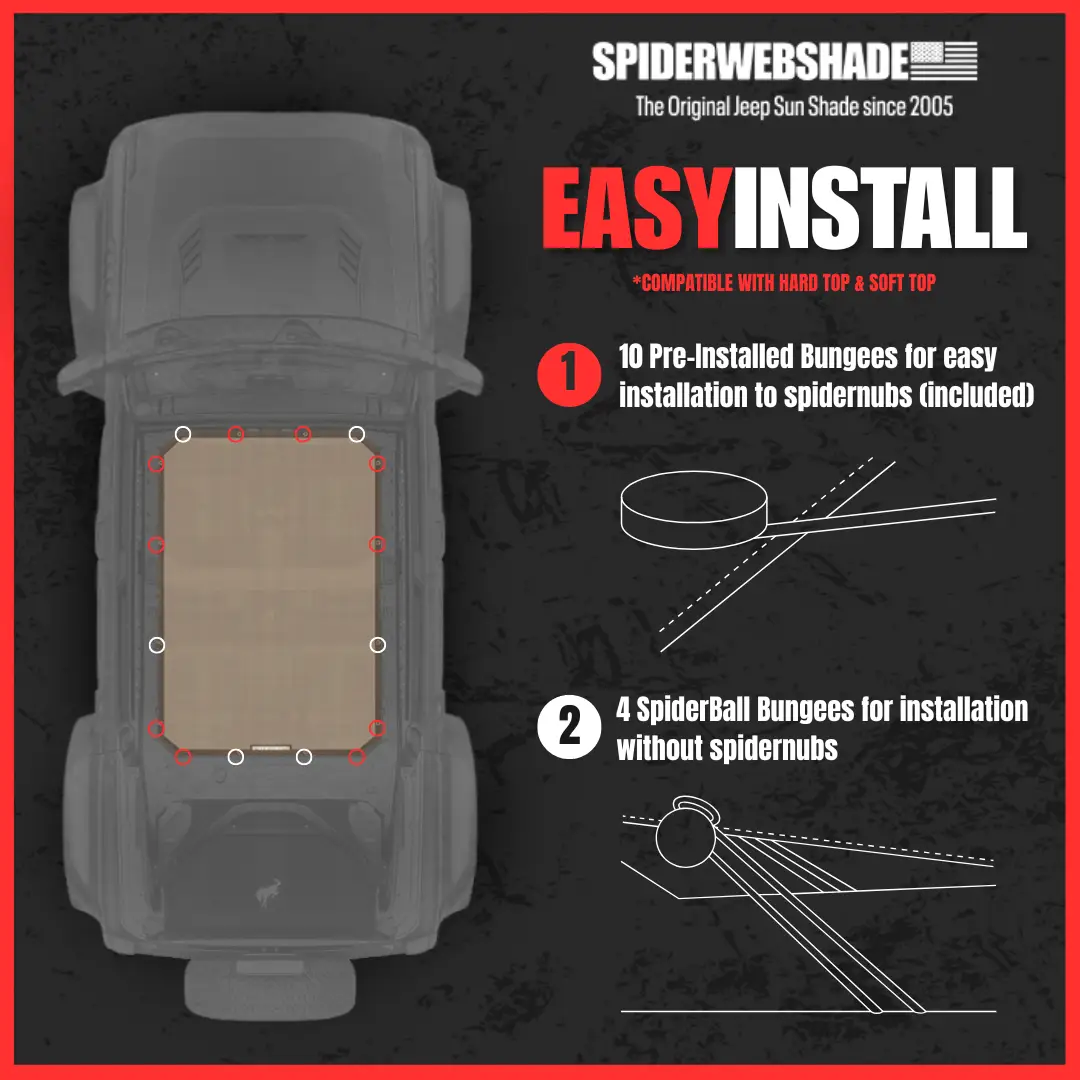 Ford Bronco Sun Shade top by SPIDERWEBSHADE, solid tan shade panel with pre-installed bungees shown on 2021–2026 Bronco