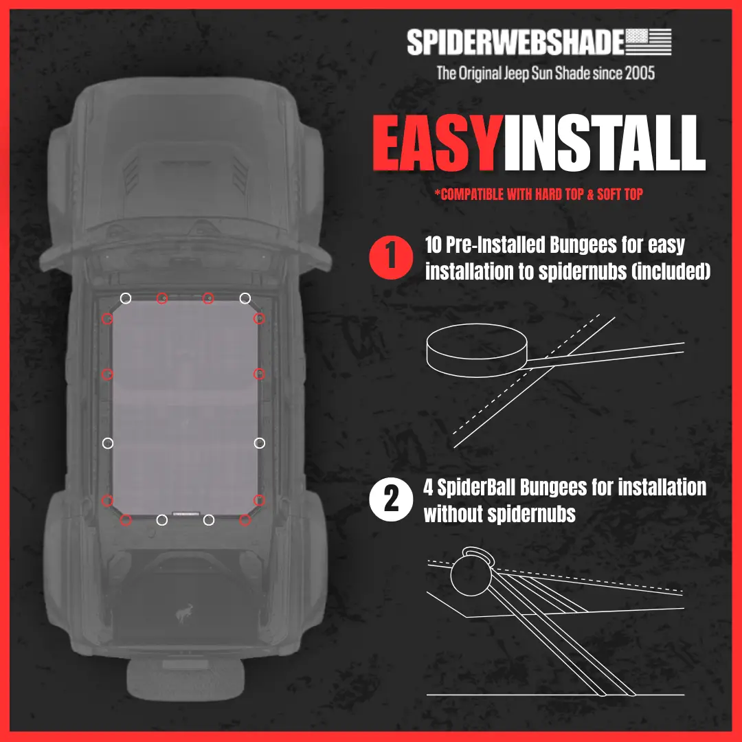 SpiderWebShade sun shade for Ford Bronco (2021–2026); solid color top with 10 pre-installed bungees along the roof.