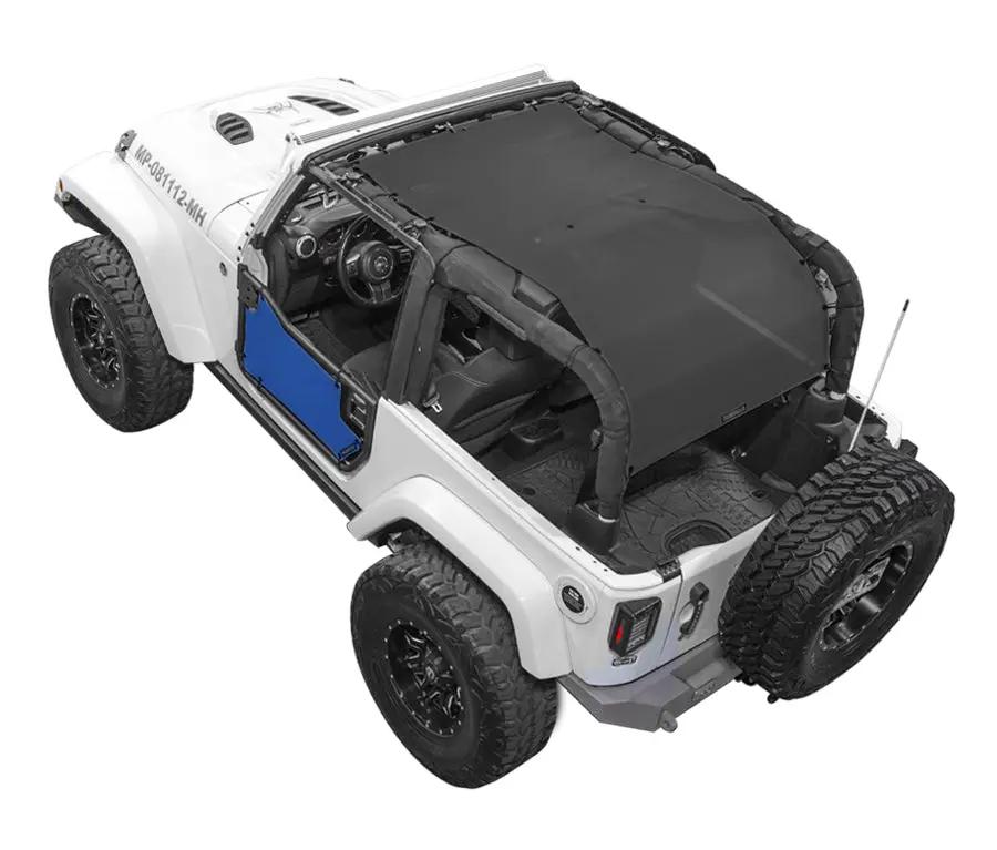 Sun Shade SpiderWebShade for Jeep Wrangler JK 2-Door (2007–2017), solid black shade top.