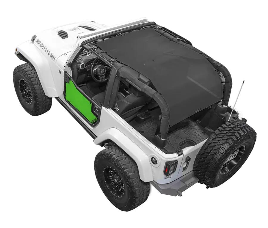 SpiderWebShade sunshade for Jeep Wrangler JK 2-Door; black solid-color shade top on white Jeep