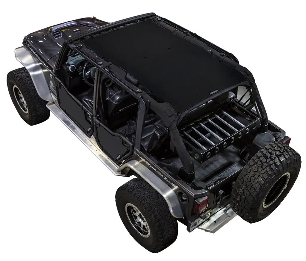 SpiderWebShade sun shade for Jeep Wrangler JKU 4-Door, solid black shade top (2007–2017)