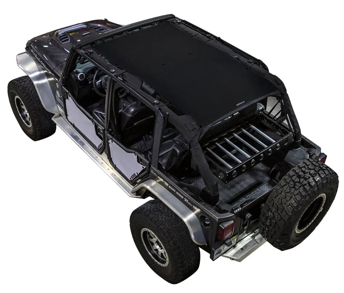 Sun shade top for Jeep Wrangler JKU 4-Door by SpiderWebShade, solid black shade top (2007–2017).