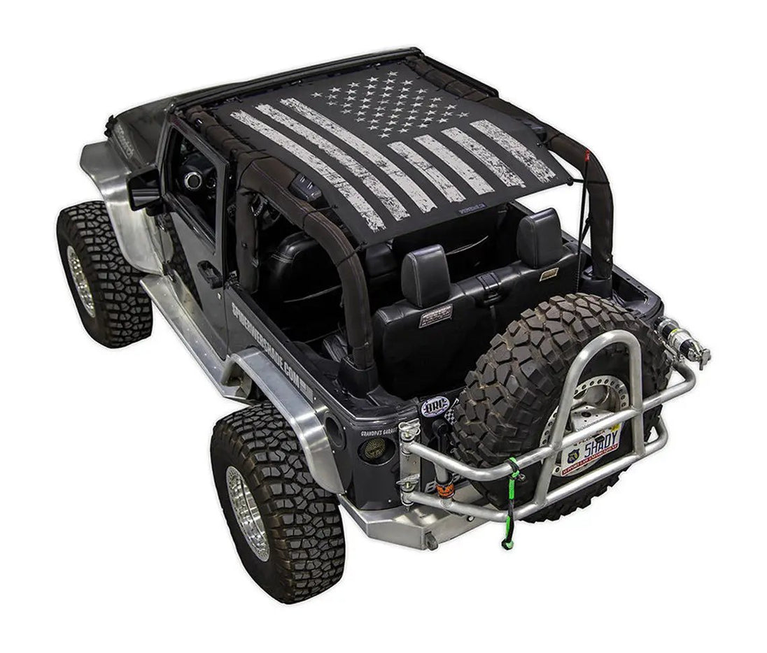 Sun Shade for Jeep Wrangler JK 2-Door by SpiderWebShade with distressed US flag print