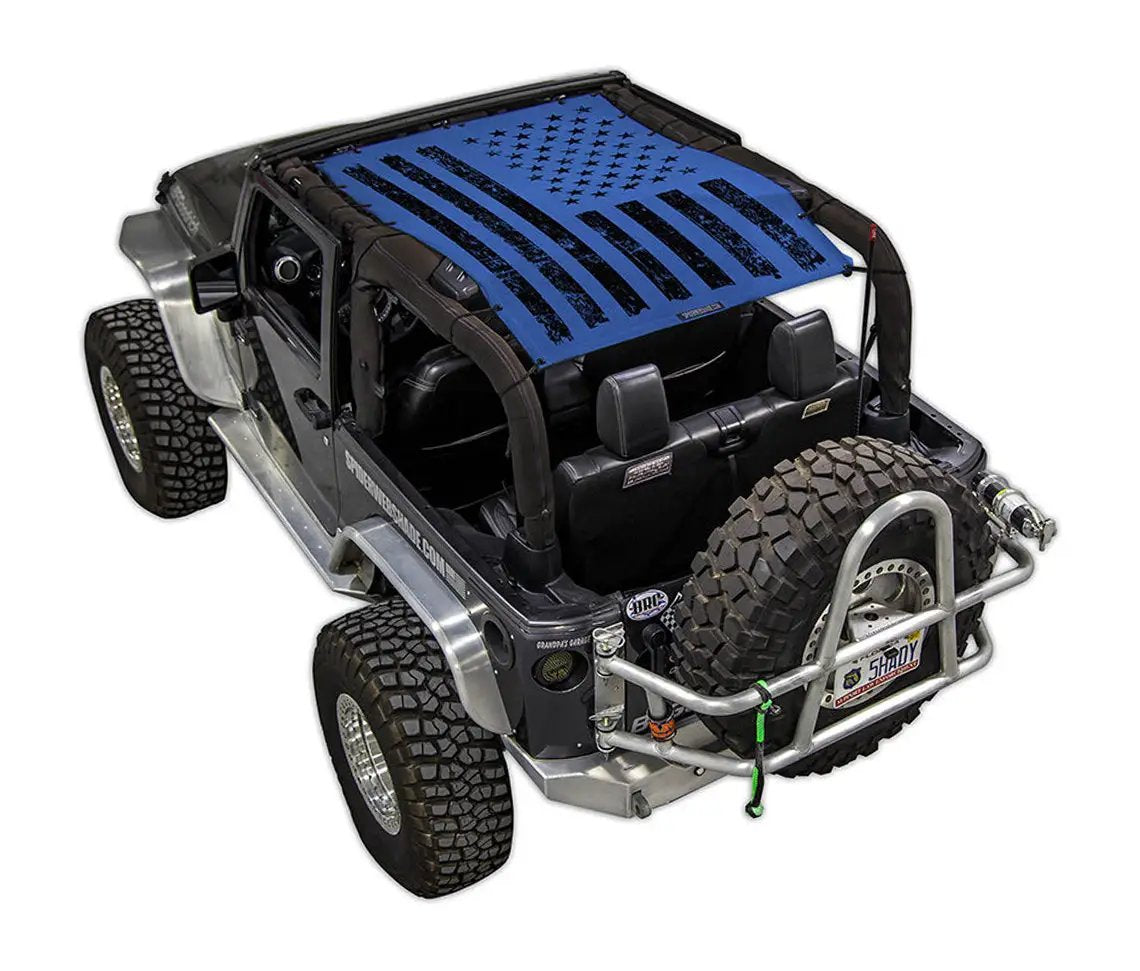 Sun shade top for Jeep Wrangler JK 2-Door by SpiderWebShade, blue flag-print stock shade.