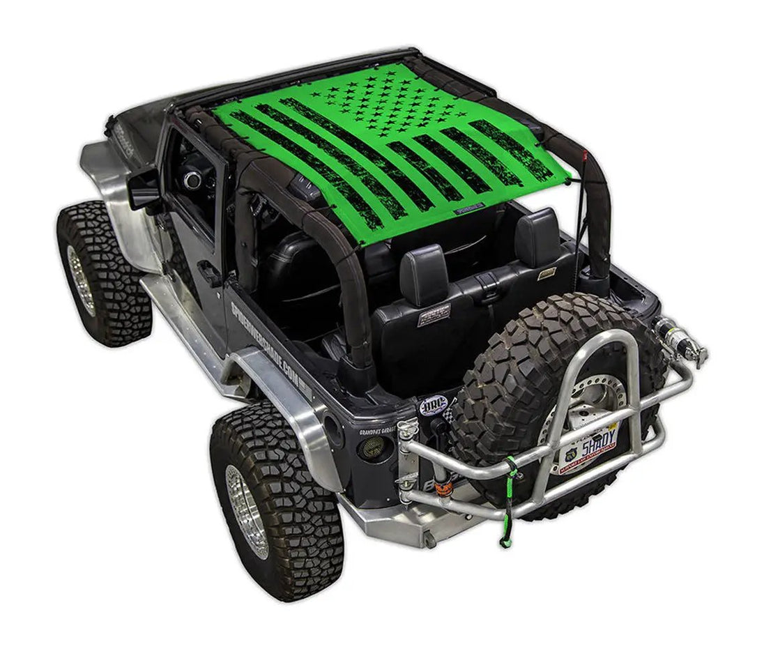 SpiderWebShade sun shade for Jeep Wrangler JK 2-Door, bright green printed top with black stars and stripes