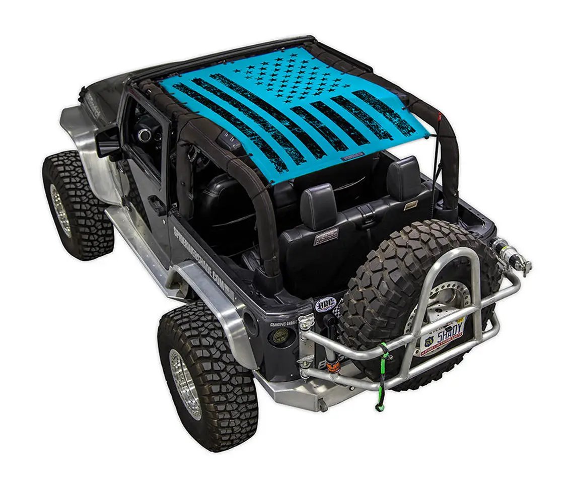 SpiderWebShade Sun Shade for Jeep Wrangler JK 2-Door (2007–2017), blue stock-printed shade top