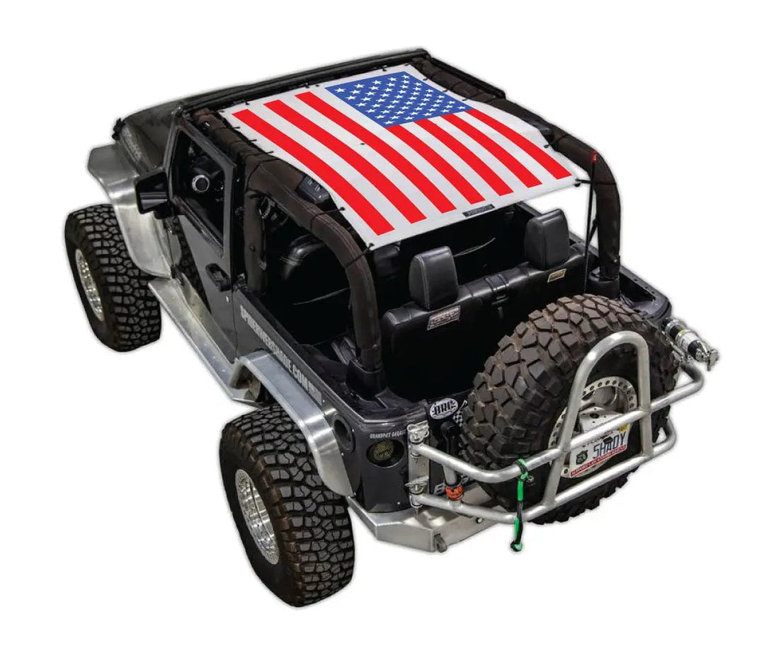 Sun Shade for Jeep Wrangler JK 2-Door by SpiderWebShade with American flag print top