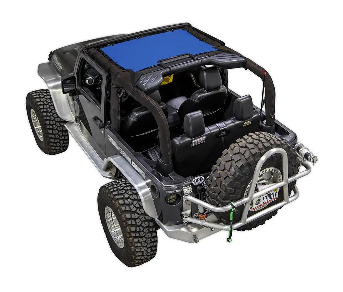 Sun shade Jeep Wrangler JK 2-Door; SPIDERWEBSHADE solid blue shade top.