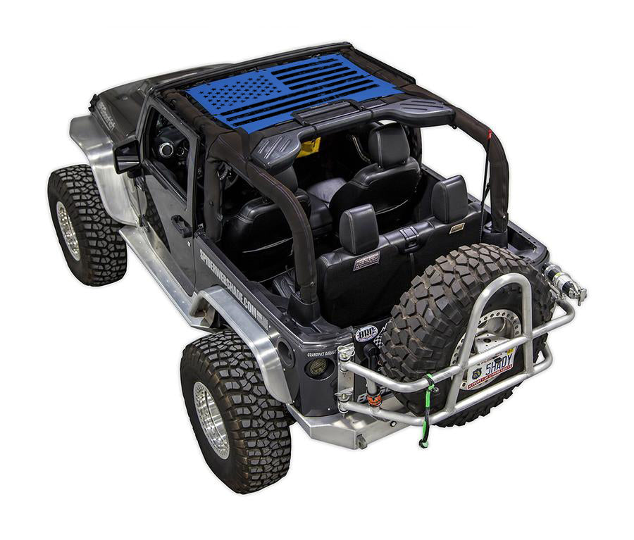 Sun shade by SPIDERWEBSHADE for Jeep Wrangler JK 2-Door with blue flag print