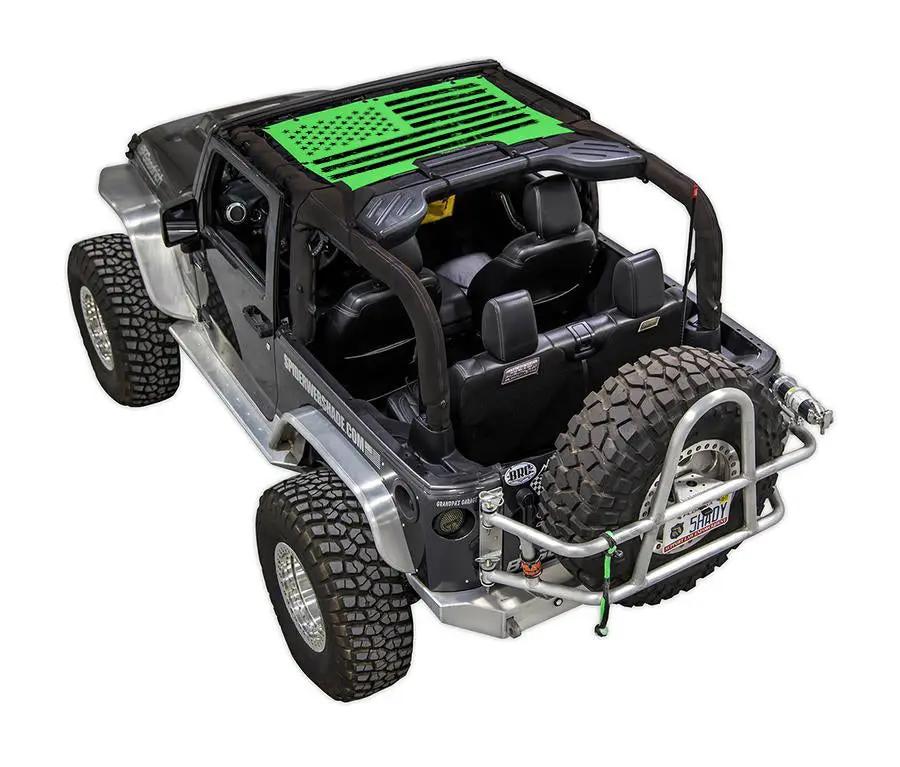Sun shade SpiderWebShade for Jeep Wrangler JK 2-Door; stock printed shade top with bright green graphic