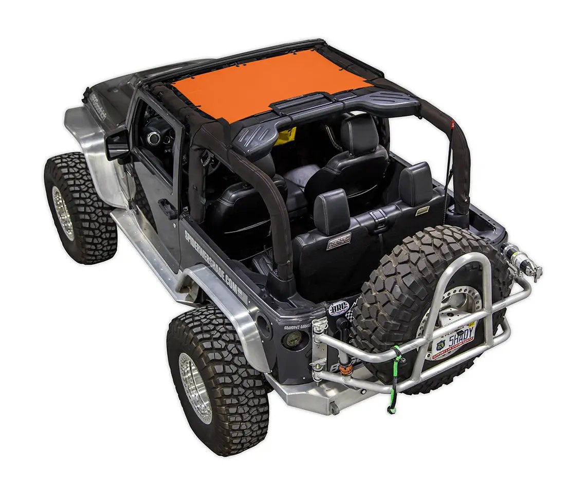 Sun shade for Jeep Wrangler JK 2-Door by SpiderWebShade; solid orange shade top (2007–2017).