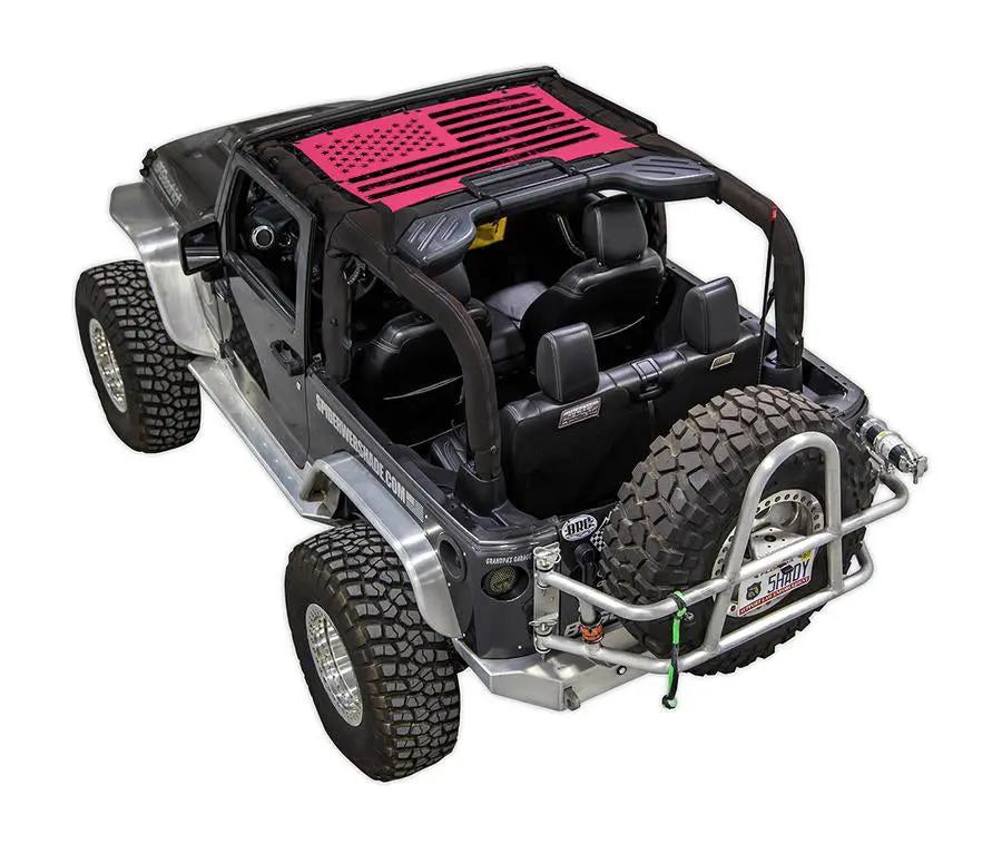 SPIDERWEBSHADE sun shade for Jeep Wrangler JK 2-Door (2007–2017) with pink American flag stock print on top