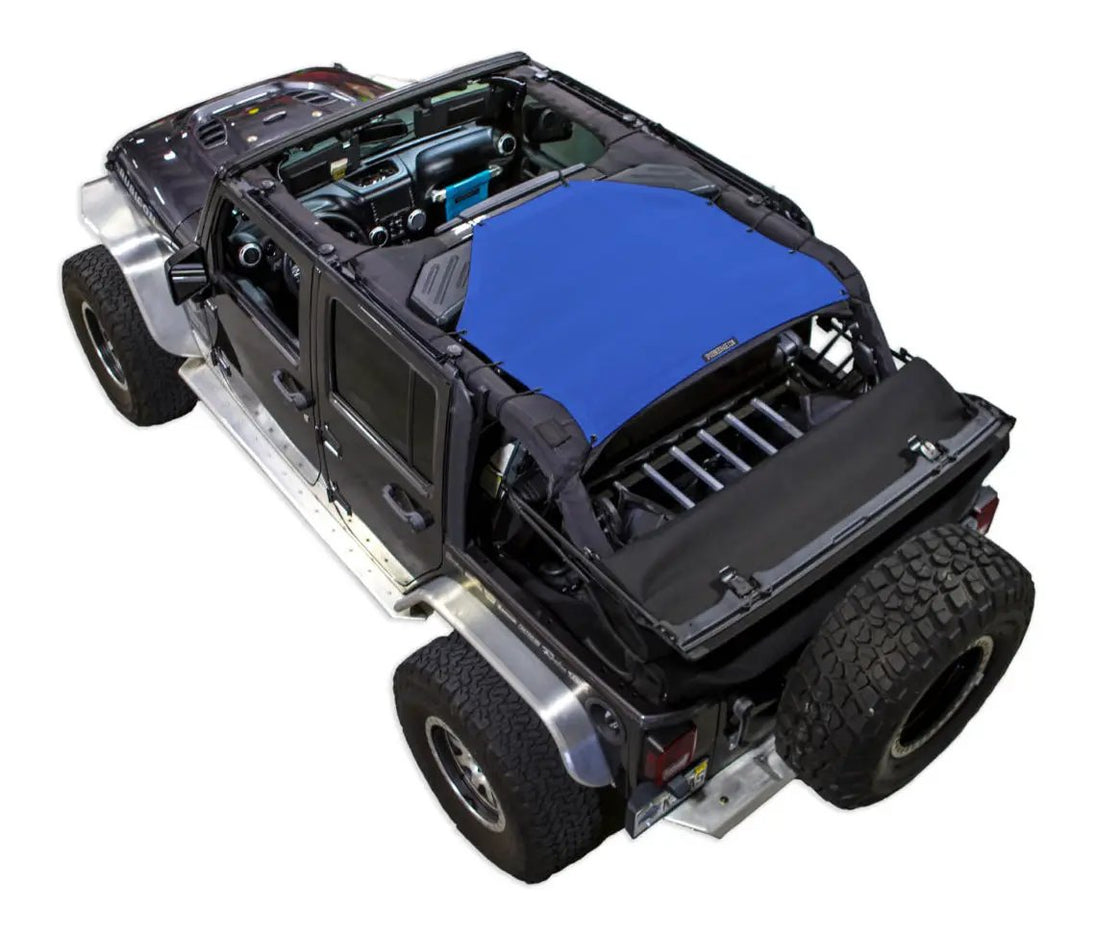 Sun shade for Jeep Wrangler JKU 4-Door by SpiderWebShade, solid blue shade top