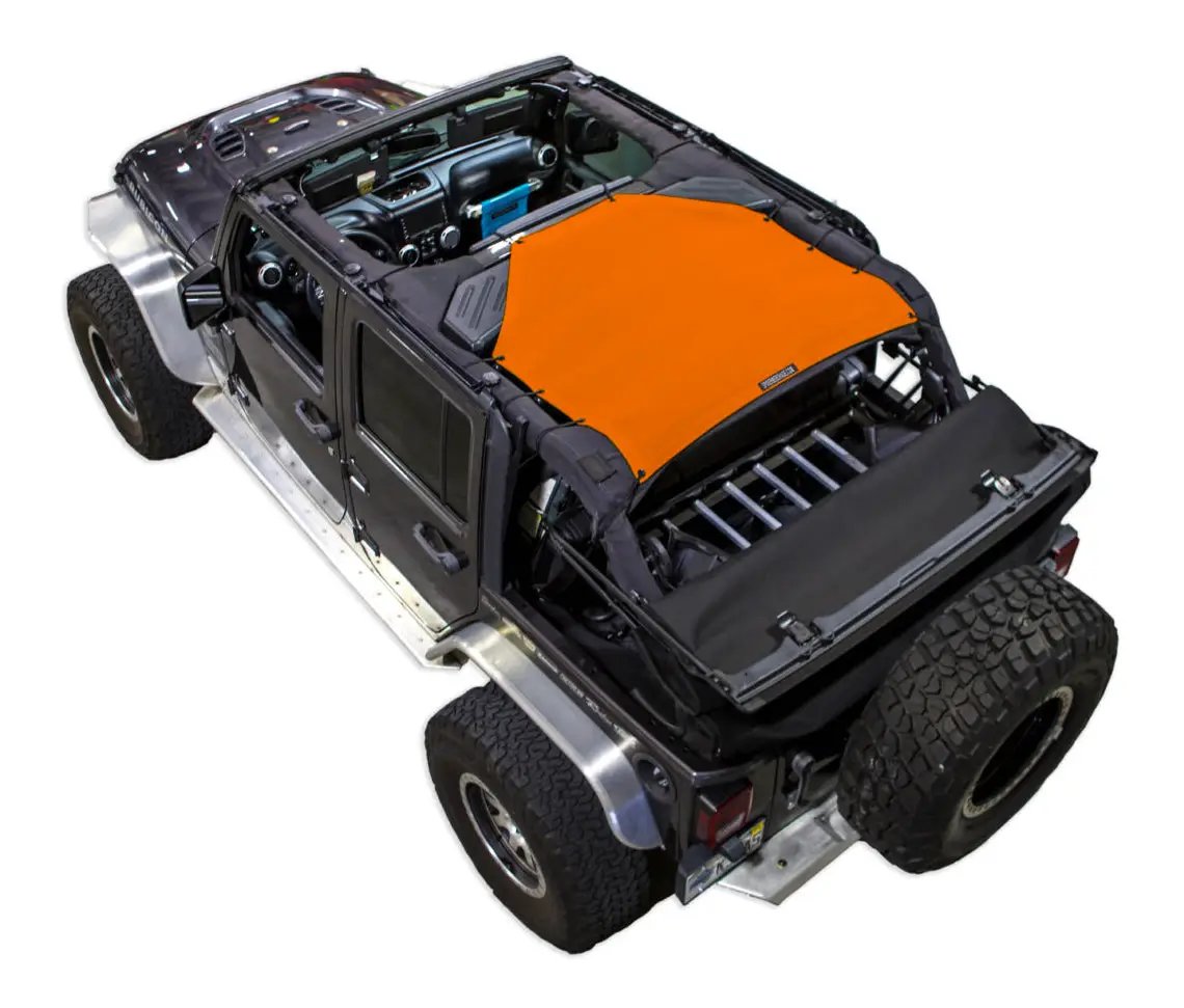 Sun shade for Jeep Wrangler JKU 4-Door by SpiderWebShade, orange solid color shade top on a black Jeep