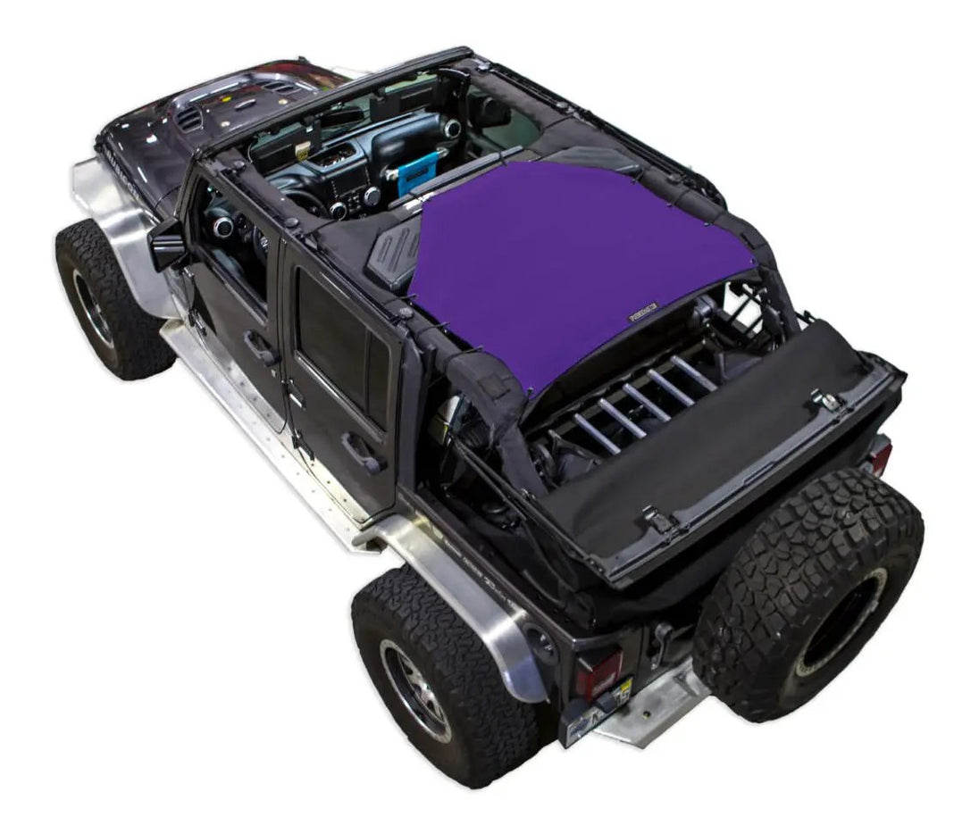 Jeep Wrangler JKU 4-Door Sun Shade by SPIDERWEBSHADE, purple solid color top.
