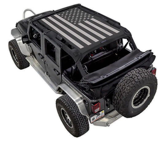 Sun shade SpiderWebShade for Jeep Wrangler JKU 4-Door (2007–2017), black with gray American flag roof design