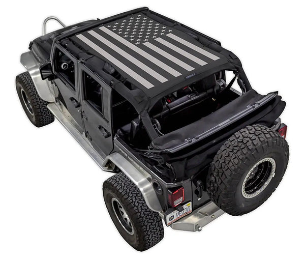 Sun shade SpiderWebShade for Jeep Wrangler JKU 4-Door (2007–2017), black with gray American flag roof design
