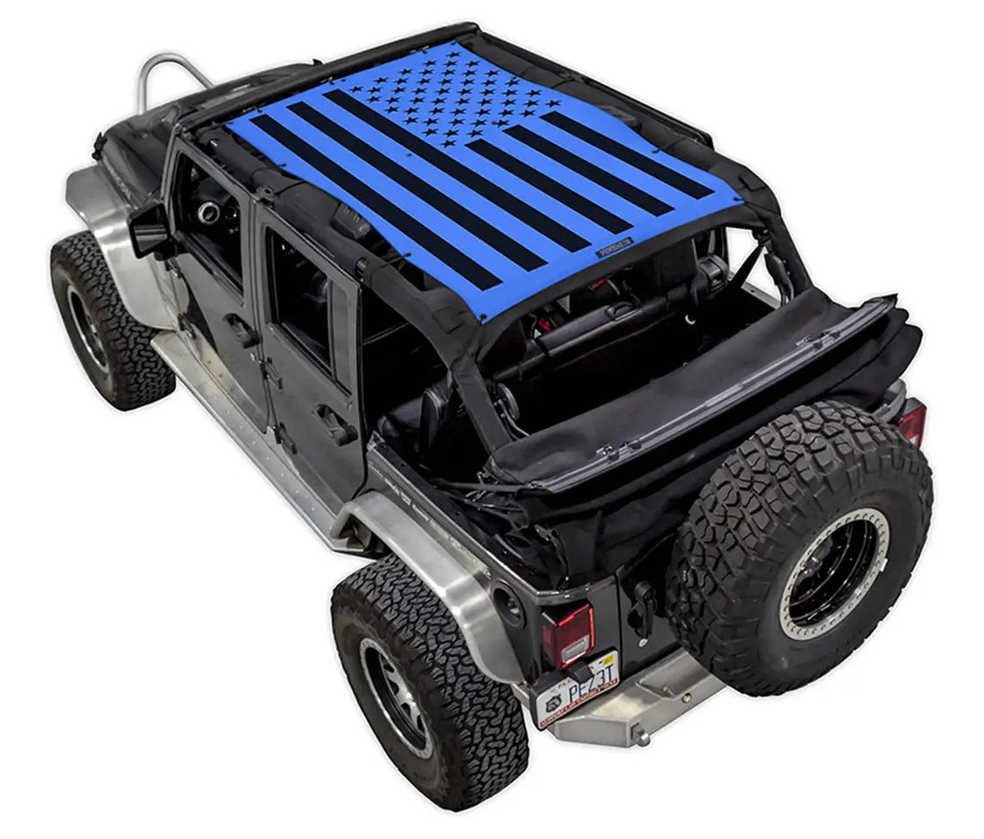 SpiderWebShade sun shade for Jeep Wrangler JKU 4-Door with blue flag print top